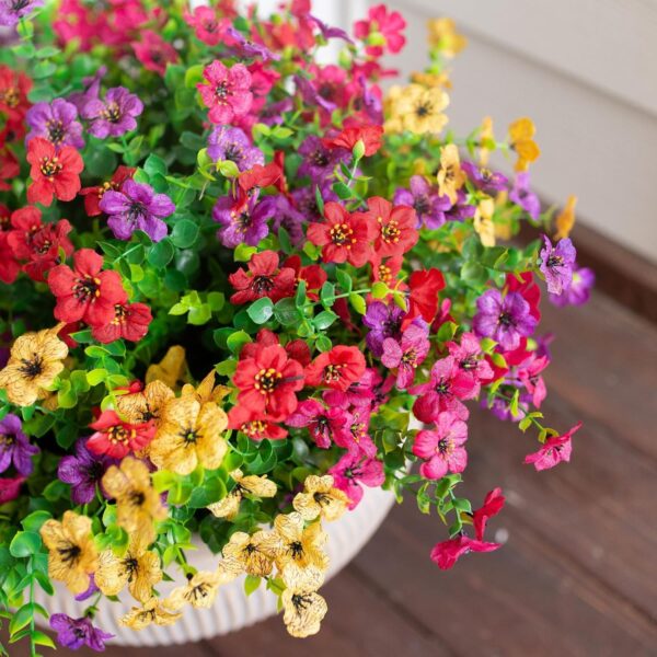 Artificial Flowers for Outdoor Indoor Garden Home Decoration, Faux Flower Daisy with Eucalyptus Leaves Fake Plants Greenery Boxwood Porch Patio, 12 Bundles (Mix Pink Red Purple Yellow) 4