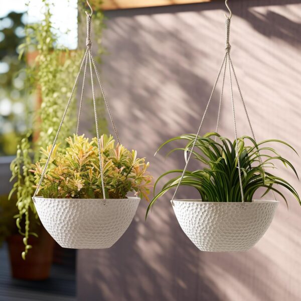 Hanging Planters for Outdoor Plants, Large Hanging Planter with Drain Holes, Outdoor Hanging Flower Pots, White Stone, Honeycomb (13.2 Inch, Set of 2) 4