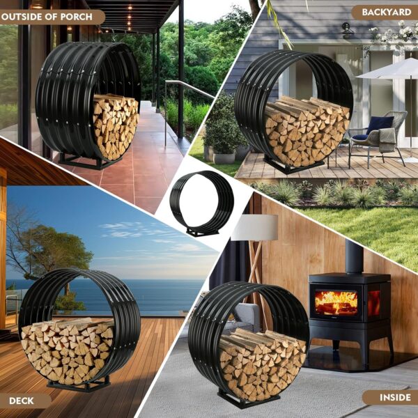 Round Heavy Duty Firewood Rack – Galvanized Wave-Shaped Steel with 4 Sturdy Legs – 0.8mm Thick Black Coated – Indoor or Outdoor Wood Holder for Fireplace,Patio & Deck Fire Pit (2.7FT Diameter+Base) 4