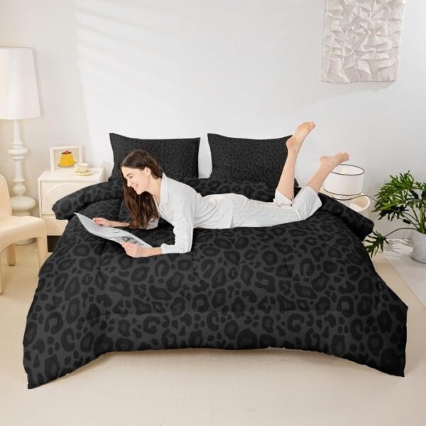 Leopard Print Comforter Set Queen Size Cheetah Print Super Soft Bedding Set for Women Bedroom Decor,African Wildlife Animal Skin Comforter-3 Pieces,Retro Noble Duvet Insert,Black Grey 4