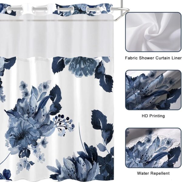 No Hook Shower Curtain and Liner Set, Blue Floral Shower Curtains for Bathroom, Modern Hotel Bathroom Curtain Sets with Snap in Liner, 71x74 Inches 4