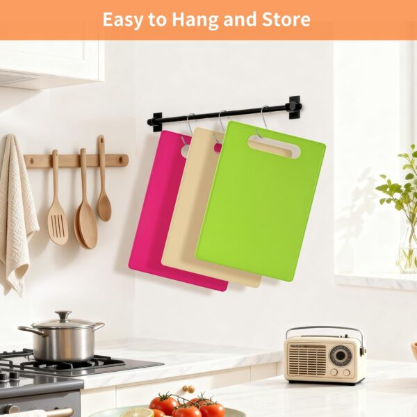 Plastic Cutting Board Set, 3 Pack Small Chopping Boards for Kitchen, BPA-Free, Dishwasher Safe, Color Coded Boards Pads for Meat Vegetable Fruit, Easy Grip Handle, Non-Slip, Space Saving 4
