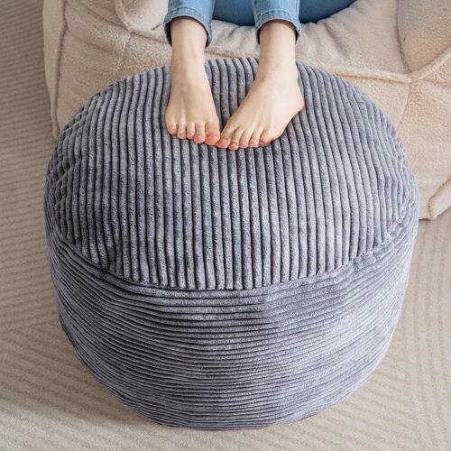 WF0195MAX_1 HIGOGOGO Round Stuffed Pouf Ottoman, Corduroy Poufs with Foam Chunk Filling, Furry and Fluffy Pouf Foot Stool Storage Ottoman, 20 X 15 Floor Poufs Foot Rest for Living Room, Dark Grey