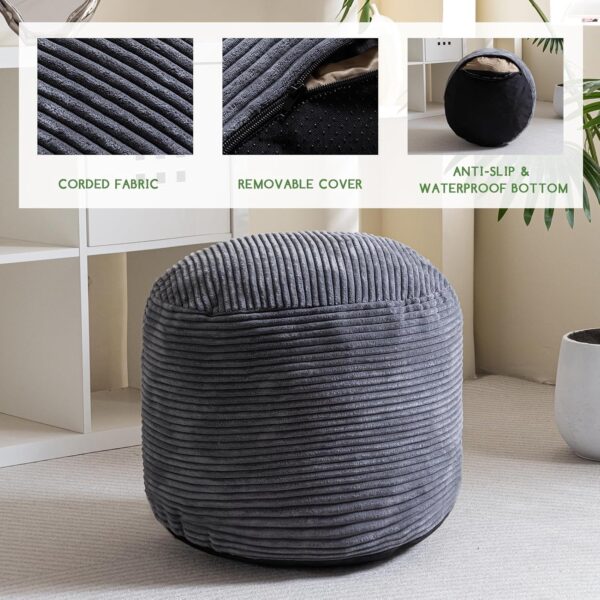 HIGOGOGO Round Stuffed Pouf Ottoman, Corduroy Poufs with Foam Chunk Filling, Furry and Fluffy Pouf Foot Stool Storage Ottoman, 20 X 15 Floor Poufs Foot Rest for Living Room, Dark Grey 3