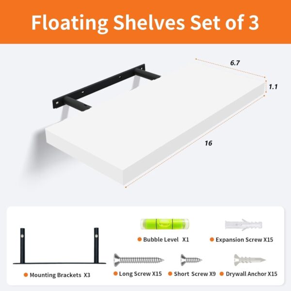 Upassion White Floating Shelves - Set of 3, 16" Wall Mounted Shelves for Home Decor, Living Room, Bedroom, Bathroom, Kitchen 3