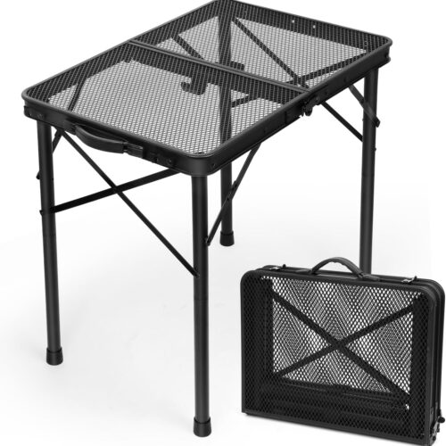 WF0937MAX_1 2Ft Small Folding Table with Carry Handle, Camping Table Adjustable Height 10.6–22 in, Black Metal Mesh, Portable & Compact for Outdoor/Indoor,Grill Table, 23.6×15.8 in, 4 lb, 66 lb Capacity
