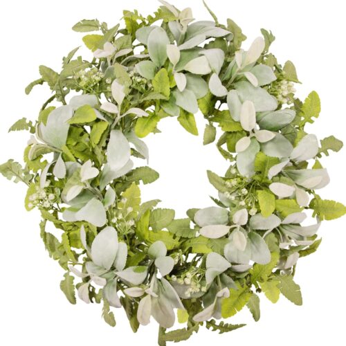 WF10362MAX_1 Green Year Round Wreaths 22 Inch Fabric Leaves Wreath with Lambs Ear Leaves & White Flowers, All Seasons Wreaths for Front Door Spring Summer Porch Wall Indoor Outdoor Farmhouse Decor