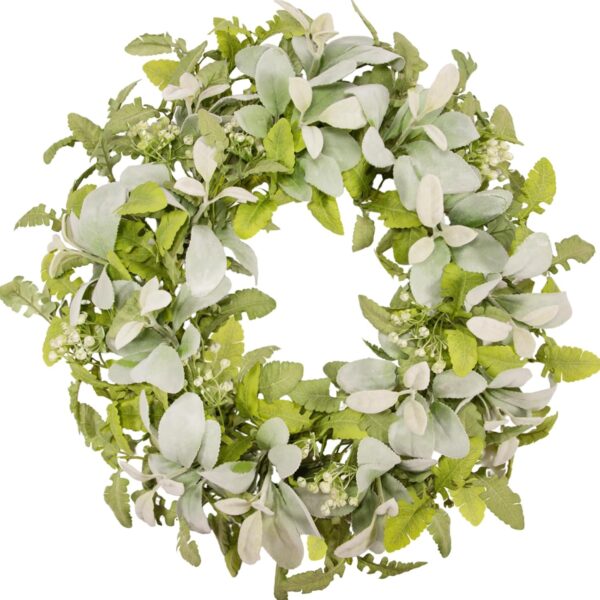 Green Year Round Wreaths 22 Inch Fabric Leaves Wreath with Lambs Ear Leaves & White Flowers, All Seasons Wreaths for Front Door Spring Summer Porch Wall Indoor Outdoor Farmhouse Decor 1