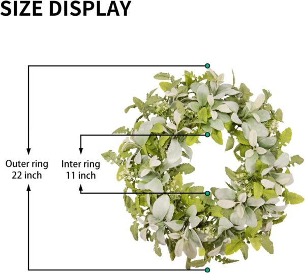 Green Year Round Wreaths 22 Inch Fabric Leaves Wreath with Lambs Ear Leaves & White Flowers, All Seasons Wreaths for Front Door Spring Summer Porch Wall Indoor Outdoor Farmhouse Decor 2