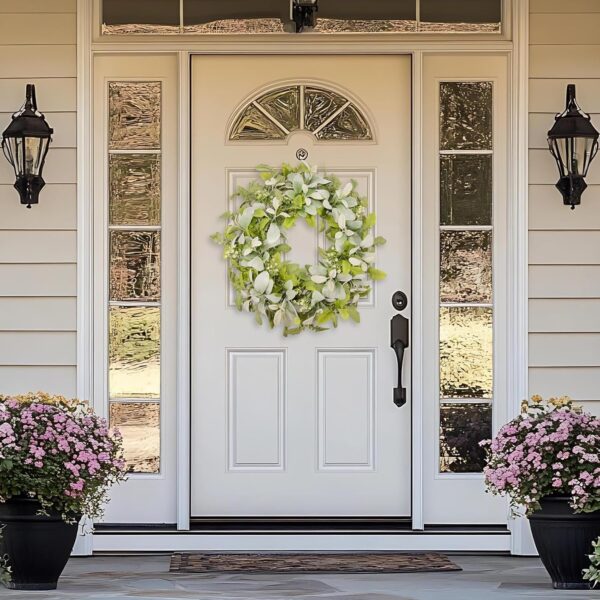 Green Year Round Wreaths 22 Inch Fabric Leaves Wreath with Lambs Ear Leaves & White Flowers, All Seasons Wreaths for Front Door Spring Summer Porch Wall Indoor Outdoor Farmhouse Decor 4