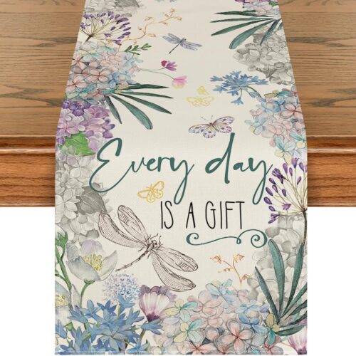 WF10471MAX_1 Artoid Mode Every Day is A Gift Dragonfly Hydrangea Spring Table Runner, Seasonal Summer Kitchen Dining Table Decoration for Home Party Decor 13x72 Inch