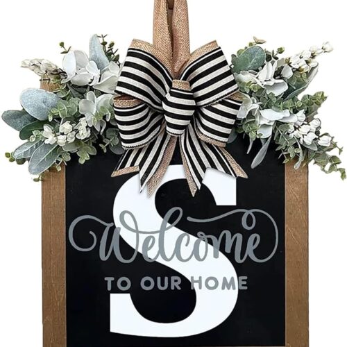 WF11040MAX_1 Last Name Year Round Front Door Wreath Front Porch Decoration 26 Letter Welcome Sign with Eucalyptus Garland and Bow Spring Wreaths for Front Door Outside Hanger Garland(S)
