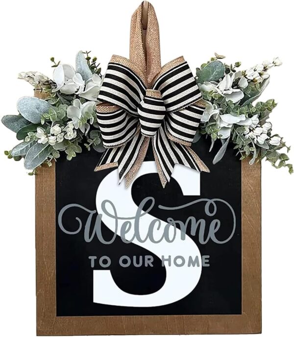 Last Name Year Round Front Door Wreath Front Porch Decoration 26 Letter Welcome Sign with Eucalyptus Garland and Bow Spring Wreaths for Front Door Outside Hanger Garland(S) 1