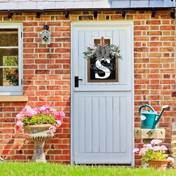 Last Name Year Round Front Door Wreath Front Porch Decoration 26 Letter Welcome Sign with Eucalyptus Garland and Bow Spring Wreaths for Front Door Outside Hanger Garland(S) 3