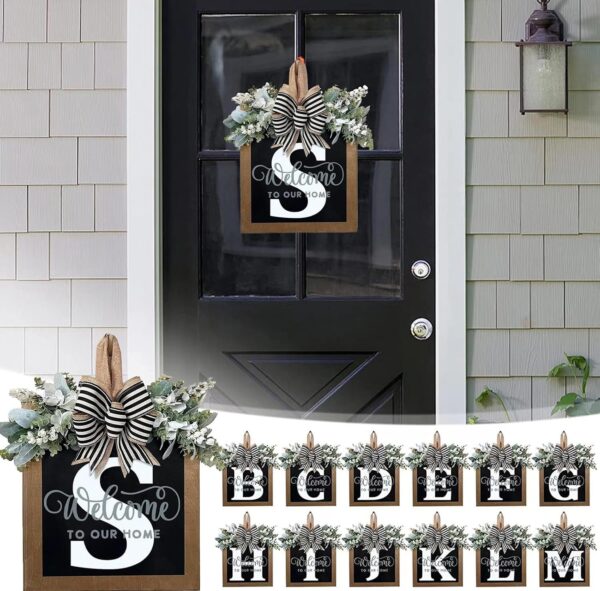 Last Name Year Round Front Door Wreath Front Porch Decoration 26 Letter Welcome Sign with Eucalyptus Garland and Bow Spring Wreaths for Front Door Outside Hanger Garland(S) 4