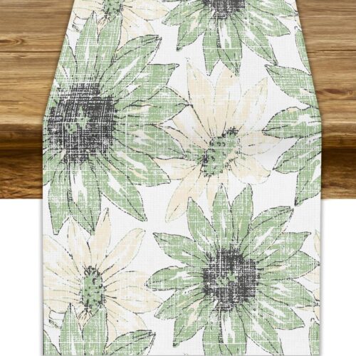 WF11147MAX_1 Chrysanthemum Vintage Floral Table Runner, Elegant Yellow Sunflower Spring Summer Elegant Pattern Artichokes Flower Table Runner for Party Kitchen Dining Living Room Decor, 13x36 Inch