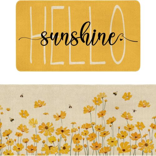WF11267MAX_1 Spring Summer Farmhouse Kitchen Rugs and Mats Set of 2,Yellow Flowers Floral Hello Sunshine Kitchen Mat,Non Slip Washable Kitchen Floor Sink Mats Decorations for Home Kitchen 18"x48"+18"x30"