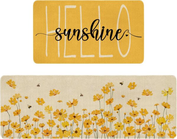 Spring Summer Farmhouse Kitchen Rugs and Mats Set of 2,Yellow Flowers Floral Hello Sunshine Kitchen Mat,Non Slip Washable Kitchen Floor Sink Mats Decorations for Home Kitchen 18"x48"+18"x30" 1