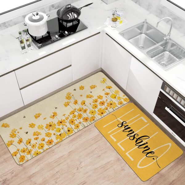 Spring Summer Farmhouse Kitchen Rugs and Mats Set of 2,Yellow Flowers Floral Hello Sunshine Kitchen Mat,Non Slip Washable Kitchen Floor Sink Mats Decorations for Home Kitchen 18"x48"+18"x30" 2