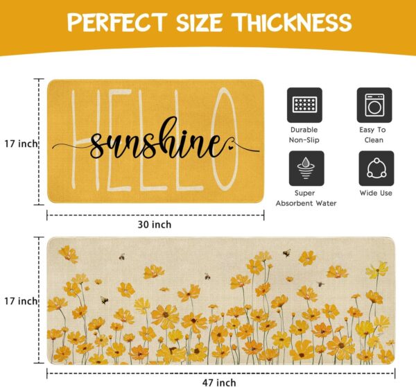 Spring Summer Farmhouse Kitchen Rugs and Mats Set of 2,Yellow Flowers Floral Hello Sunshine Kitchen Mat,Non Slip Washable Kitchen Floor Sink Mats Decorations for Home Kitchen 18"x48"+18"x30" 3