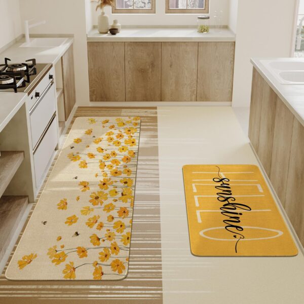 Spring Summer Farmhouse Kitchen Rugs and Mats Set of 2,Yellow Flowers Floral Hello Sunshine Kitchen Mat,Non Slip Washable Kitchen Floor Sink Mats Decorations for Home Kitchen 18"x48"+18"x30" 4