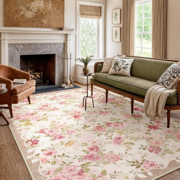 Lahome Floral Washable Rugs 5x7,Rugs for Living Room Pink Area Rug,Vintage Rugs for Bedroom Girls Non Slip Low Pile Ultra-Thin Large Carpet for Office Dining Room,Kids Playroom Nina (5'X7',Beige) 1