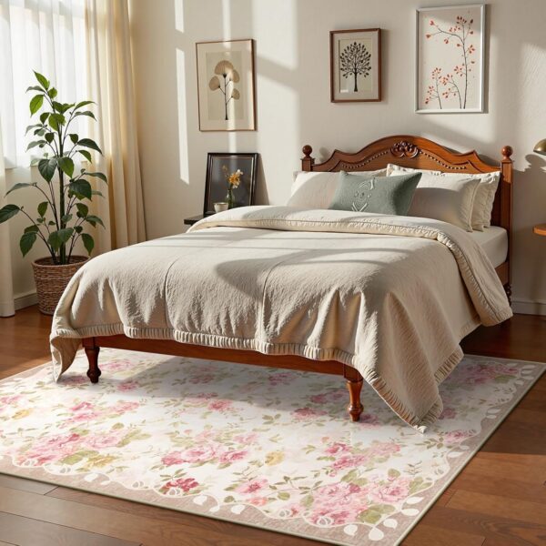 Lahome Floral Washable Rugs 5x7,Rugs for Living Room Pink Area Rug,Vintage Rugs for Bedroom Girls Non Slip Low Pile Ultra-Thin Large Carpet for Office Dining Room,Kids Playroom Nina (5'X7',Beige) 2