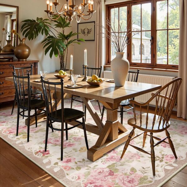 Lahome Floral Washable Rugs 5x7,Rugs for Living Room Pink Area Rug,Vintage Rugs for Bedroom Girls Non Slip Low Pile Ultra-Thin Large Carpet for Office Dining Room,Kids Playroom Nina (5'X7',Beige) 3