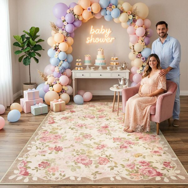 Lahome Floral Washable Rugs 5x7,Rugs for Living Room Pink Area Rug,Vintage Rugs for Bedroom Girls Non Slip Low Pile Ultra-Thin Large Carpet for Office Dining Room,Kids Playroom Nina (5'X7',Beige) 4