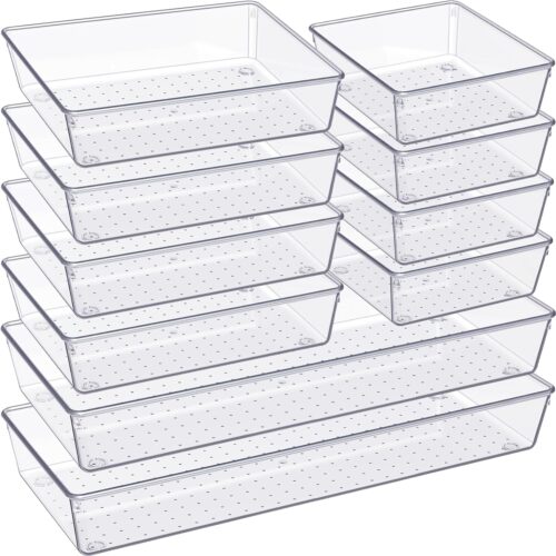 WF1195MAX_1 Criusia Drawer Organizer, 10 Pack Large Clear Plastic Set, 3 Size Versatile Bathroom and Vanity Organizer Trays, Storage Bins for Makeup, Bedroom, Kitchen Utensils