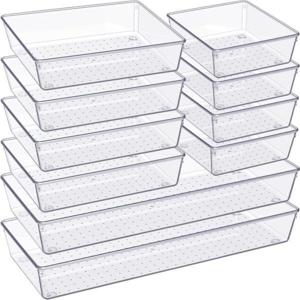 Criusia Drawer Organizer, 10 Pack Large Clear Plastic Set, 3 Size Versatile Bathroom and Vanity Organizer Trays, Storage Bins for Makeup, Bedroom, Kitchen Utensils 1