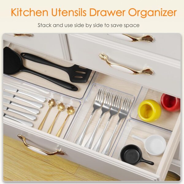Criusia Drawer Organizer, 10 Pack Large Clear Plastic Set, 3 Size Versatile Bathroom and Vanity Organizer Trays, Storage Bins for Makeup, Bedroom, Kitchen Utensils 4