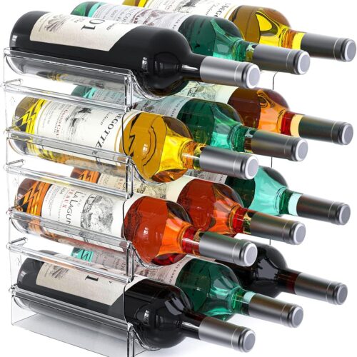 WF2004MAX_1 Plastic Water Bottle Organizer and Wine Rack Storage Holder,4 Tier 12 Containers Stackable Free-Standing Bottle Storage Rack for Kitchen Countertops, Table Top, Pantry, Bars, Cabinets, Fridge - Clear