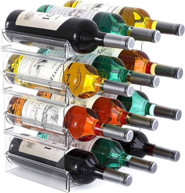 Plastic Water Bottle Organizer and Wine Rack Storage Holder,4 Tier 12 Containers Stackable Free-Standing Bottle Storage Rack for Kitchen Countertops, Table Top, Pantry, Bars, Cabinets, Fridge - Clear 1