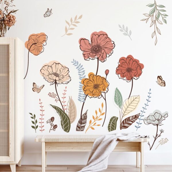 wondever Boho Flower Wall Stickers Wildflower Floral Grass Peel and Stick Wall Art Decals for Living Room Bedroom TV Wall 3