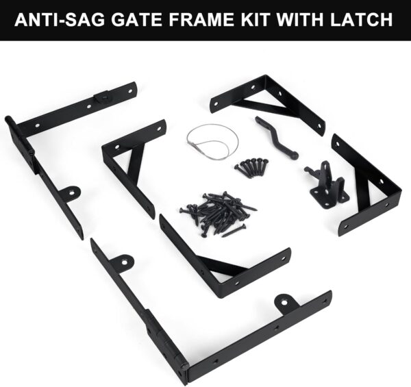 Gate Hardware Kit for Wood Fence, Corner Brace Bracket, Anti Sag Frame Hardware With Latch and Hinges for Wooden Fence Driveway, Black, MKZJ1115 3