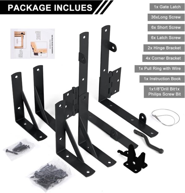 Gate Hardware Kit for Wood Fence, Corner Brace Bracket, Anti Sag Frame Hardware With Latch and Hinges for Wooden Fence Driveway, Black, MKZJ1115 4