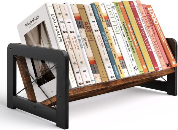 ELITEROO Desktop Bookshelf Organizer, Wood Slanted Desk Bookshelf, Small Tabletop Book Rack, Portable Mini Bookcase for Book Display, Cookbooks, Kids Reading, Office & Home Storage, Rustic Brown 1