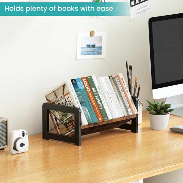 ELITEROO Desktop Bookshelf Organizer, Wood Slanted Desk Bookshelf, Small Tabletop Book Rack, Portable Mini Bookcase for Book Display, Cookbooks, Kids Reading, Office & Home Storage, Rustic Brown 4