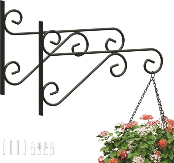 PROWORX 2 Pack 16 Inch Plant Hangers Outdoor Bracket, Indoor Wall Mount Metal Heavy Duty Rust-Resistant Bird Feeder Plant Hooks for Hanging Planters, Flower Baskets, Black 1