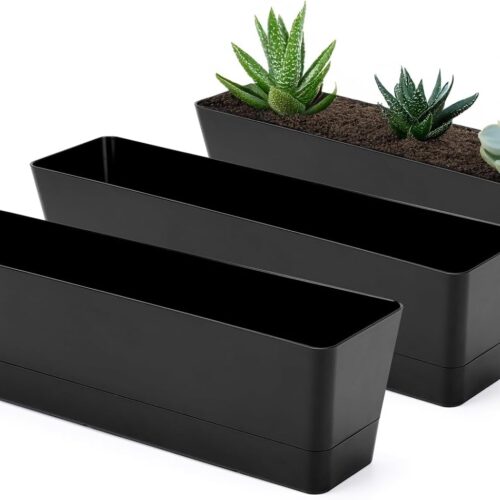 WF3670MAX_1 GREANER 3PCS 16x3.8 Inch Window Boxes Planters, Black Rectangle Planters Box with Drainage Holes and Trays, Herb Succulents Flowers Plastic Pot for Windowsill, Garden, Balcony, Indoor, Outdoor Decor