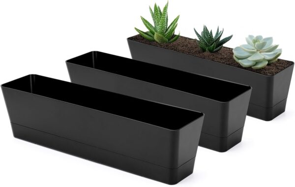 GREANER 3PCS 16x3.8 Inch Window Boxes Planters, Black Rectangle Planters Box with Drainage Holes and Trays, Herb Succulents Flowers Plastic Pot for Windowsill, Garden, Balcony, Indoor, Outdoor Decor 1