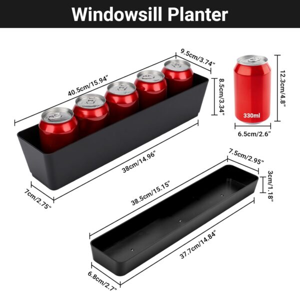 GREANER 3PCS 16x3.8 Inch Window Boxes Planters, Black Rectangle Planters Box with Drainage Holes and Trays, Herb Succulents Flowers Plastic Pot for Windowsill, Garden, Balcony, Indoor, Outdoor Decor 2