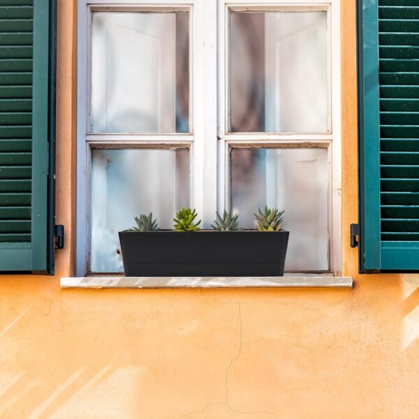 GREANER 3PCS 16x3.8 Inch Window Boxes Planters, Black Rectangle Planters Box with Drainage Holes and Trays, Herb Succulents Flowers Plastic Pot for Windowsill, Garden, Balcony, Indoor, Outdoor Decor 4
