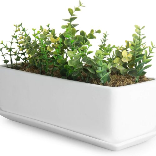 WF3673MAX_1 MyGift 14 Inch Ceramic Indoor Plant Pot with Drainage Hole, Rectangular Succulent Planter Window Box with Removable Saucer, Unglazed White