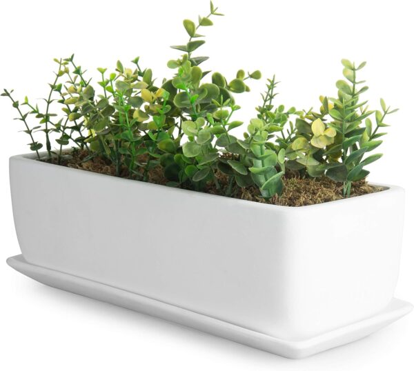 MyGift 14 Inch Ceramic Indoor Plant Pot with Drainage Hole, Rectangular Succulent Planter Window Box with Removable Saucer, Unglazed White 1