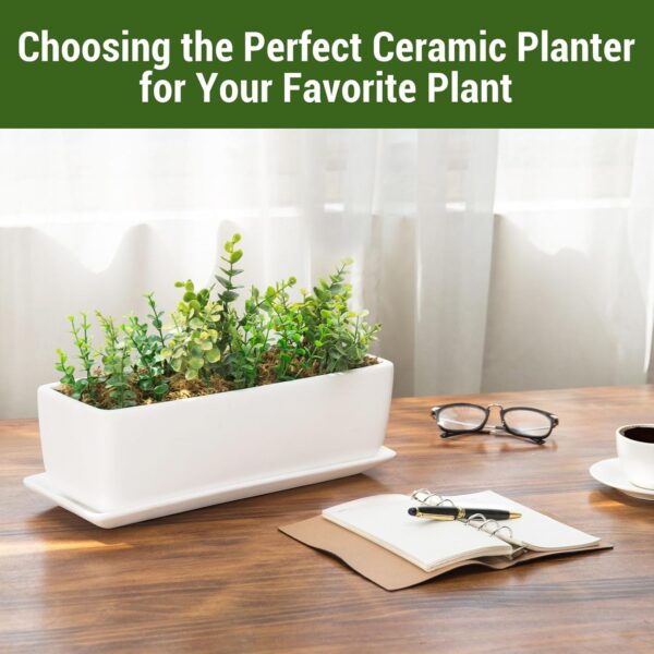 MyGift 14 Inch Ceramic Indoor Plant Pot with Drainage Hole, Rectangular Succulent Planter Window Box with Removable Saucer, Unglazed White 2