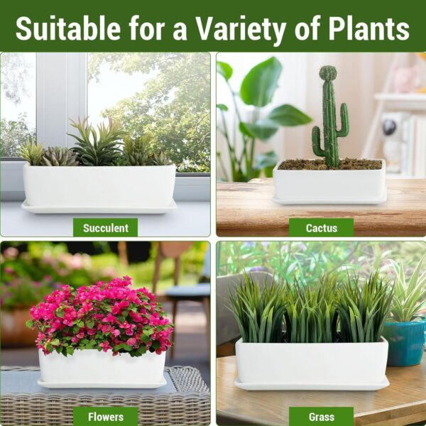 MyGift 14 Inch Ceramic Indoor Plant Pot with Drainage Hole, Rectangular Succulent Planter Window Box with Removable Saucer, Unglazed White 3