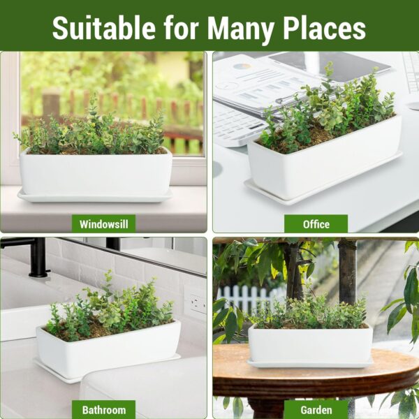MyGift 14 Inch Ceramic Indoor Plant Pot with Drainage Hole, Rectangular Succulent Planter Window Box with Removable Saucer, Unglazed White 4