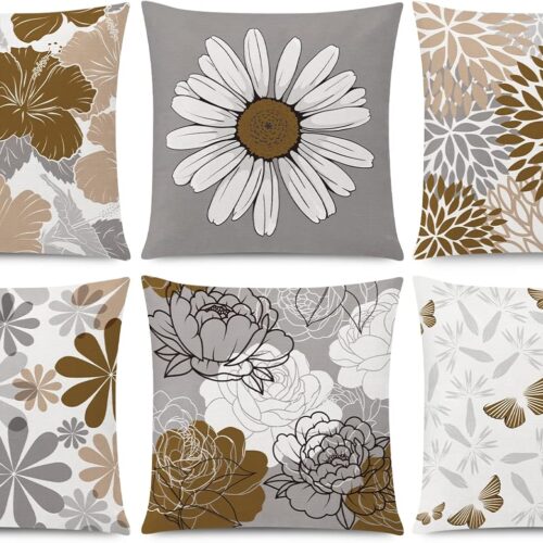 WF3892MAX_1 COMMINY Brown Grey Pillow Covers 18x18 Set of 6 Decorative Daisy Flower Throw Pillow Cover for Couch Modern Coffee Pillow Case for Patio Living Room Cushion Bed Farmhouse Home Decor